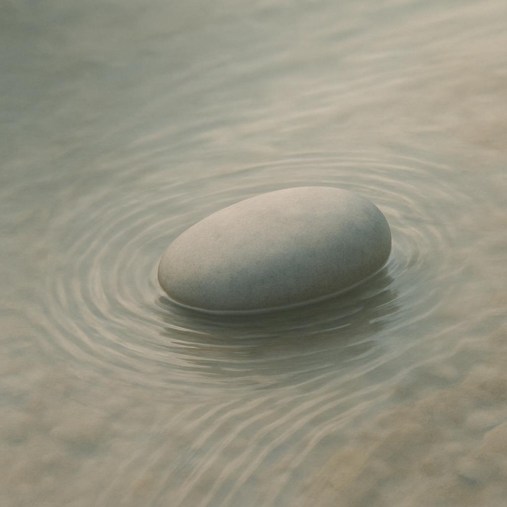 A white stone submerged in water with ripples emanating from it.