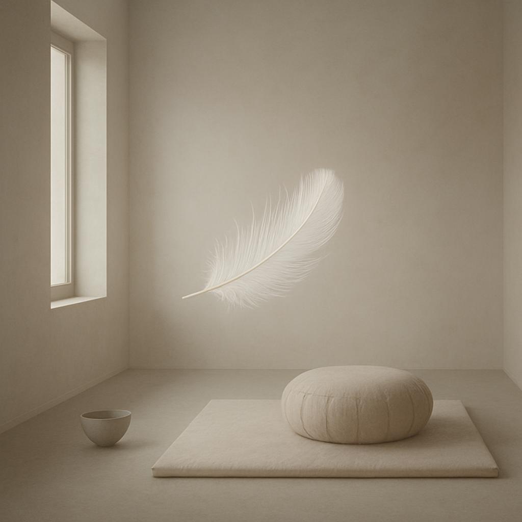 A serene room with a feather drifting towards a mat, accompanied by a bowl on the floor, bathed in soft white and beige hues.