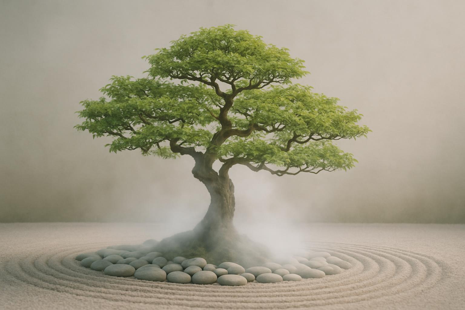 A Japanese-style landscape featuring a small tree positioned on a cluster of rounded rocks in the center of a sandy, circu...