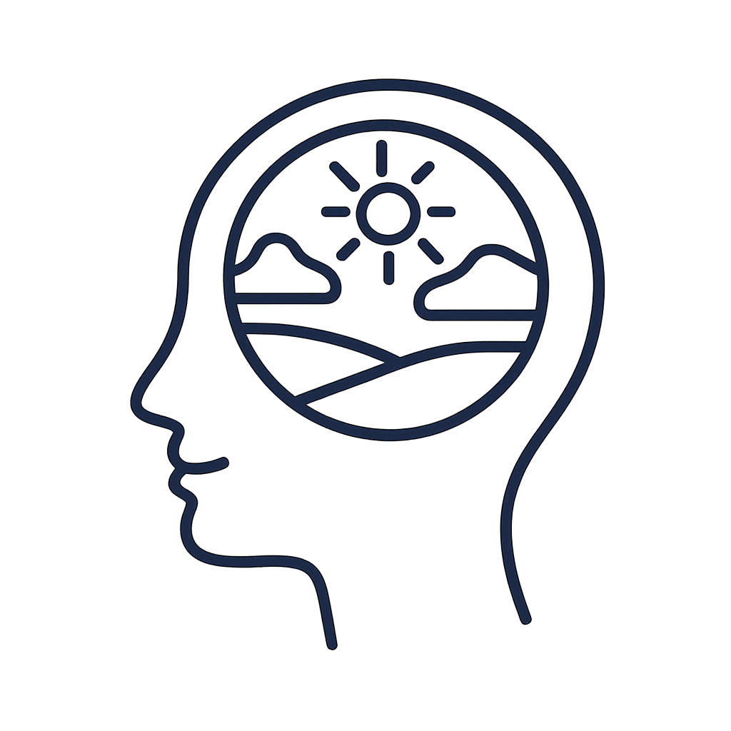 landscape patterned circle with sun over fields and mountains in the head illustration.